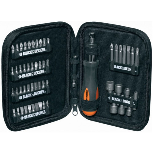 Black & Decker Bitek és foglalatok szett racsnis csavarhúzóval 56 darab A7104-XJ