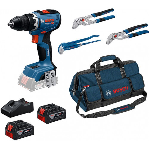 BOSCH GSR 18V-65 PROFESSIONAL Akkus fúrócsavarozó, 3 vízvezeték-szerelő fogó 0615A5007J