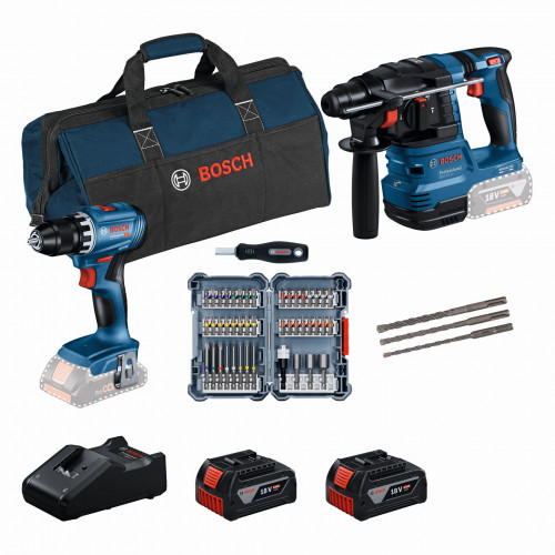 BOSCH Set18V GSR18V-45 GBH18V 22 bity45x SDS-plus-53ks 2×4.0Ah GAL18V-40 karton 0615V0003D