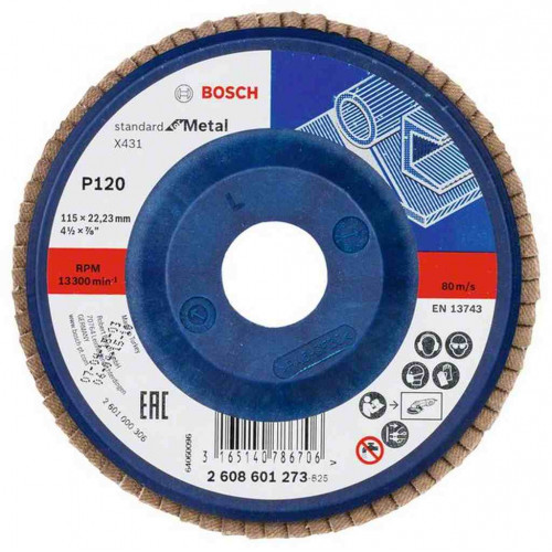 BOSCH X431 legyező csiszolótárcsa, Standard for Metal, 115 mm, 22,23 mm, 120 2608601273