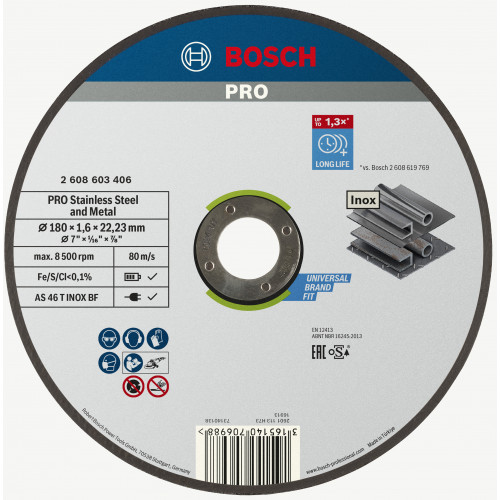 BOSCH Stainless Steel and Metal kötőanyaggal készült vágótárcsa, 180 x1,6 mm 2608603406 BOSCH Stainless Steel and Metal kötőanyaggal készült vágótárcsa, 180 x1,6 mm 2608603406