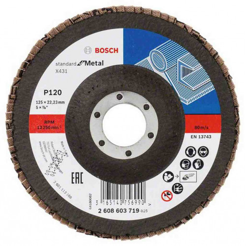 BOSCH X431 legyező csiszolótárcsa, Standard for Metal, 125 mm, 22,23 mm, 120 2608603719