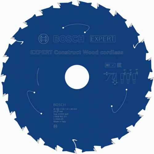 BOSCH EXPERT Construct Wood cordless körfűrészlap, 190 x 1.6/1 x 30 mm, T24 2608902211