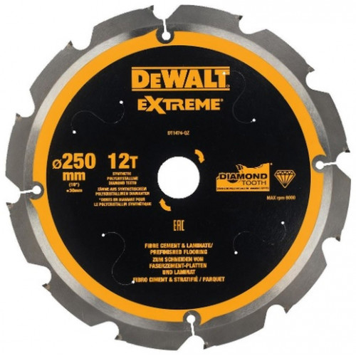 DeWALT DT1474-QZ Extreme Szálcement körfűrészlap 250x30mm, 12 fog 12°