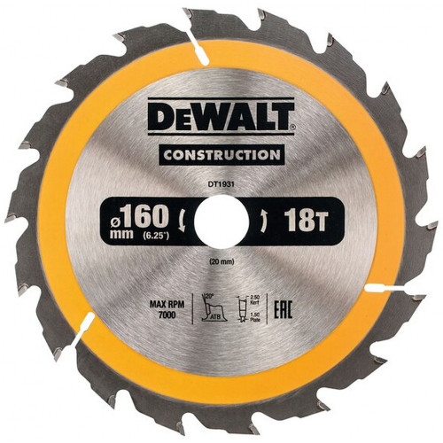 DeWALT DT1931-QZ Construction Körfűrészlap kézi körfűrészekhez 160x20mm, 18 fog WZ 20°