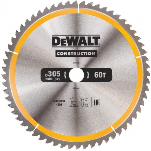 DeWALT DT1960-QZ Construction Körfűrészlap 305x30mm, 60 fog WZ -5°