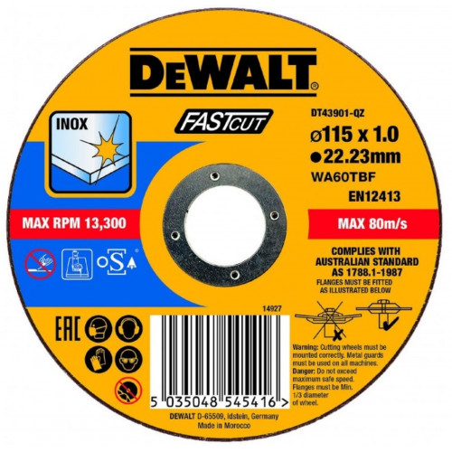 DeWALT rozsdamentes acél vágótárcsa 115 x 22,2 x 1,0 mm DT43901 DeWALT rozsdamentes acél vágótárcsa 115 x 22,2 x 1,0 mm DT43901