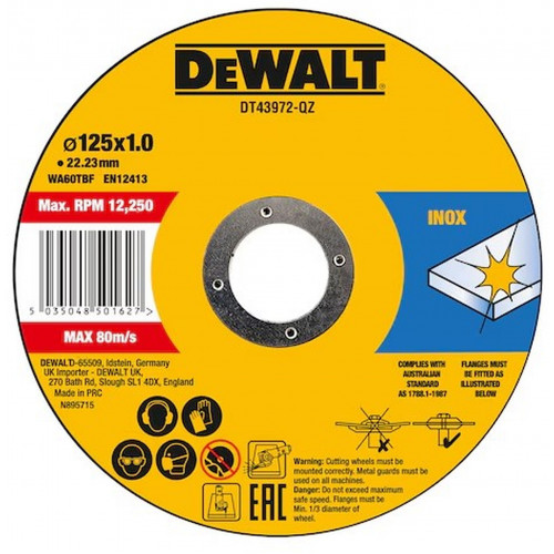 DeWALT DT43972 Rozsdamentes acél vágótárcsa 125 x1 x 22,2mm 10db DeWALT DT43972 Rozsdamentes acél vágótárcsa 125 x1 x 22,2mm 10db