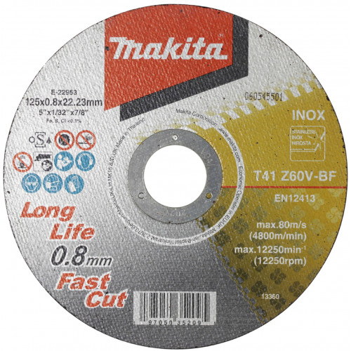Makita E-22953 Vágótárcsa INOX 125 x 0,8 x 22,23 mm Makita E-22953 Vágótárcsa INOX 125 x 0,8 x 22,23 mm