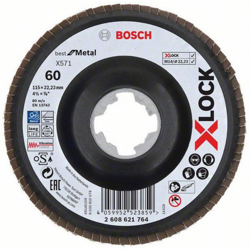 BOSCH X-LOCK Flap discs, angled version, plastic plate X571, 115x22,23mm, G60, 2608621764