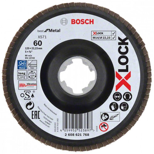 BOSCH X-LOCK Flap discs, angled version, plastic plate X571, 125x22,23mm, G60, 260862176