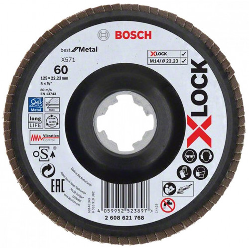 BOSCH X-LOCK Flap discs, angled version, plastic plate X571, 125x22,23mm, G40, 2608621767