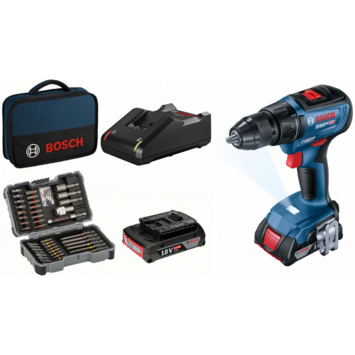 BOSCH GSR 18V-50 + 43 darabos csavarhúzókészlet + 2x 2,0 Ah-s akku 06019H5004