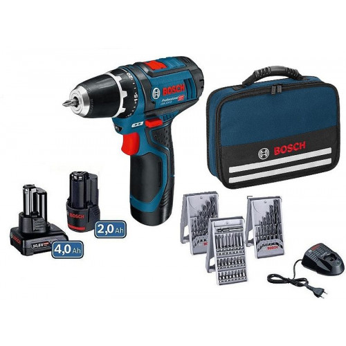 BOSCH GSR 12V-15 Akkus fúró-csavarozó, 1x akku 2,0+1 x akku 4,0+ACC soft bag, 0615990G6L