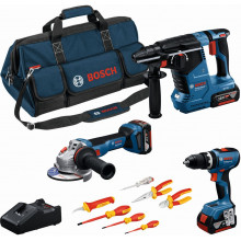 BOSCH PROFESSIONAL szerszámkészlet GSB+GWS+GBH+3×5,0Ah + csavarhúzók és fogók 0615A5007H