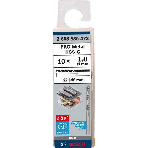 BOSCH PRO Metal HSS-G csigafúrószár, standard hosszúságú, 1,8 x 22 x 46 mm 2608585473