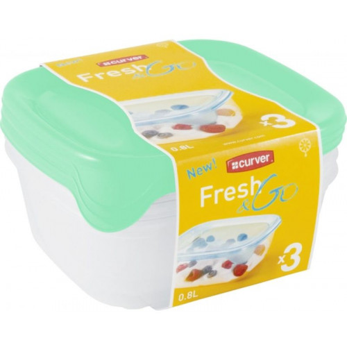 CURVER SET FRESH & GO 3x0,8L Szögletes ételtartó szett transzparens/menta 182217