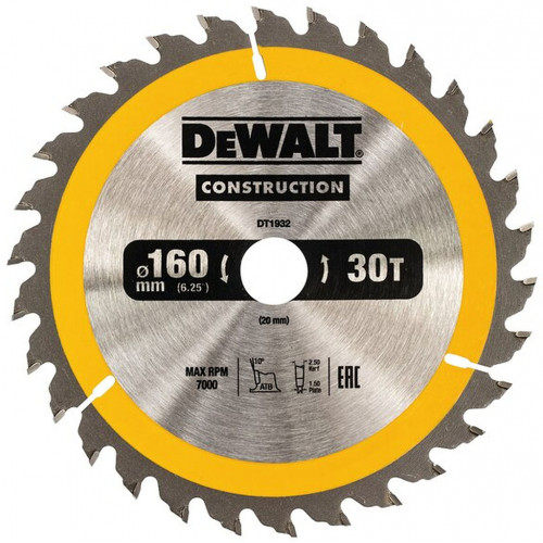 DeWALT DT1932-QZ Construction Körfűrészlap kézi körfűrészekhez 160x20mm, 30 fog WZ 10°