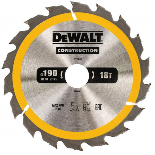 DeWALT DT1943-QZ Construction Körfűrészlap kézi körfűrészekhez 190x30mm, 18 fog WZ 20°