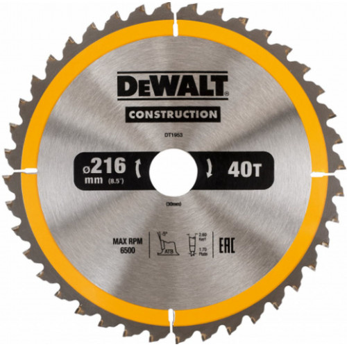 DeWALT DT1953-QZ Construction Körfűrészlap állványos fűrészekhez 216x30mm, 40 fog WZ -5°