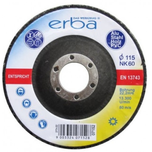 ERBA réteges csiszolókorong fémre, alumínumra, fára, PVC-re, 115 mm, NK 60 ER-07152