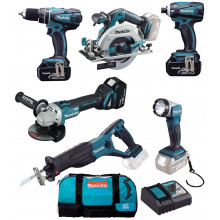 Makita DLX6076T Akkus gépszett DHP458Z+DGA504Z+DJR181Z+DHS680+DTD146Z (18V/3x5,0AH+DC18RC)