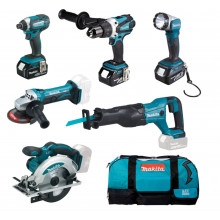 Makita DLX6046 Akkus szett DGA452Z+DHP458Z+DJR186Z+DML802+DSS610Z+DTD152Z+195584-2+3x3,0Ah