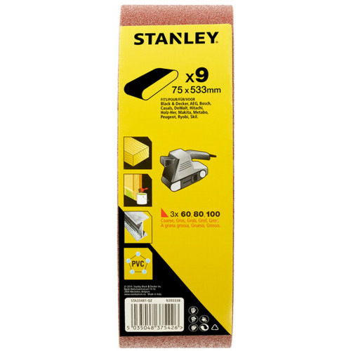 Stanley STA33481-QZ Csiszolószalag, 75 x 533 mm, 3x P60, 3x P80, 3x P100, 9 db