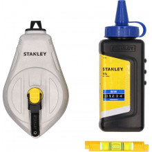 Stanley STHT47111-0 Fémházas kicsapózsinór 1:1, 30m kék krétával és vízmértékkel