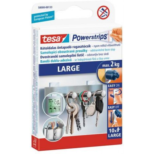 TESA Powerstrips Large kétoldalas nagy ragasztócsík, 10 db, 2 kg 58000-00132-20 TESA Powerstrips Large kétoldalas nagy ragasztócsík, 10 db, 2 kg 58000-00132-20